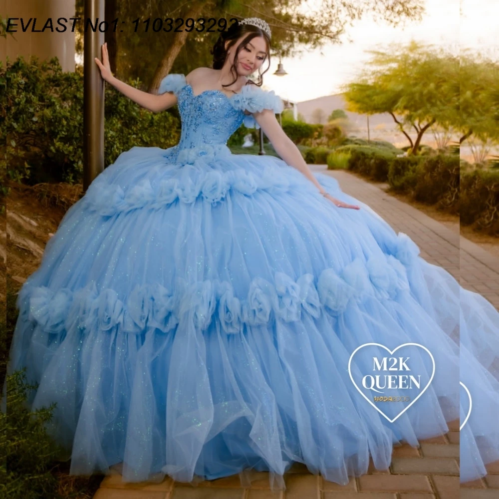 

EVLAST Customized Glitter Sky Blue Ball Gown Quinceanera Dress Lace Applique Beading Ruffles Sweet 16 Vestidos De 15 Anos E1QN89