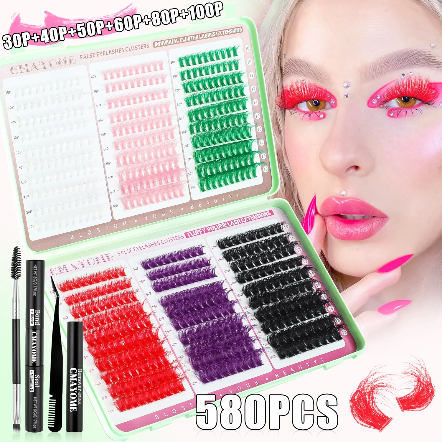 Popular DIY Single Cluster of Colored False Eyelashes 580 Clusters DD Curvature Curl Mixed Package with Glue Set