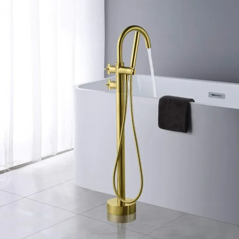 

Freestanding Tub Filler Bathtub Faucet Brushed Gold Floor Mount Brass Bathroom Faucets with Hand Shower Bathroom Faucets