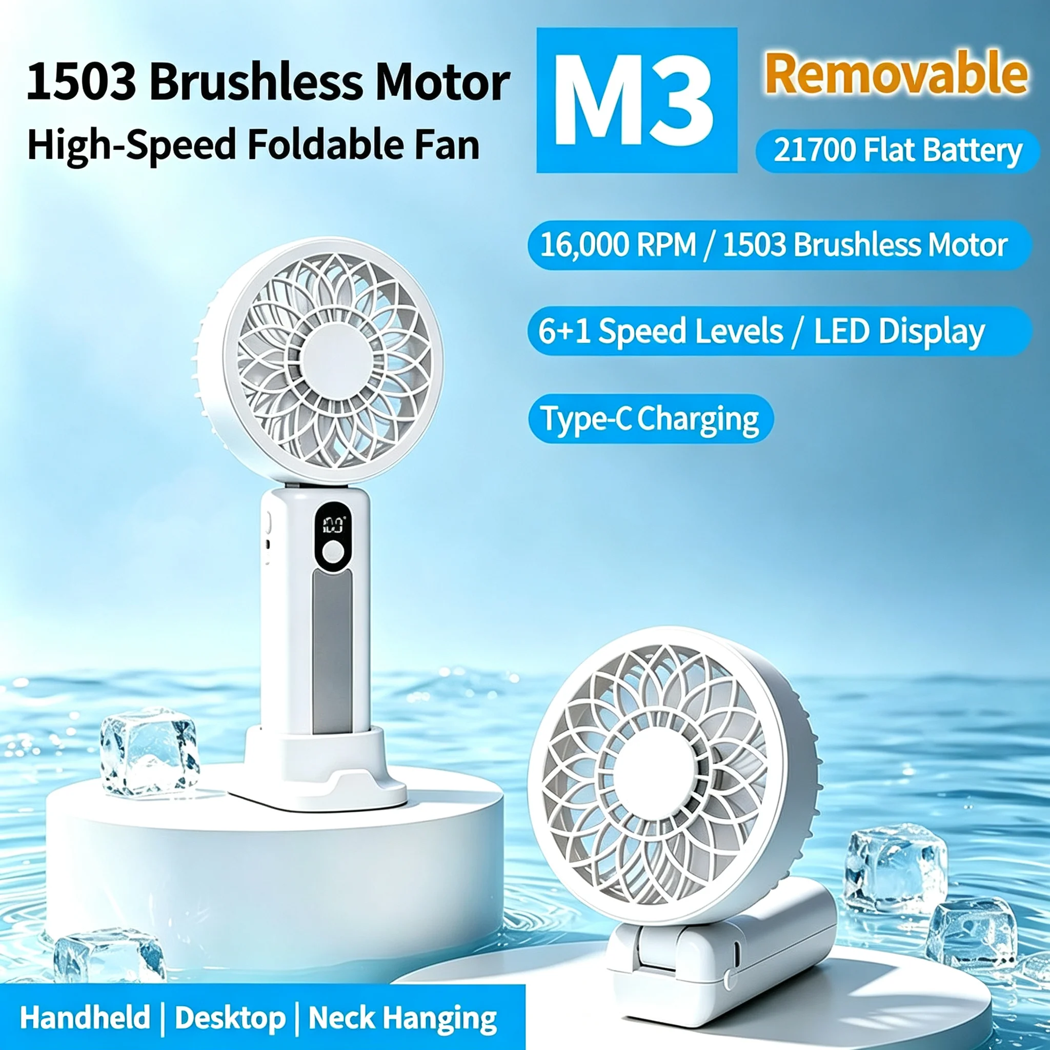 M3 Powerful Cooling Fan,3000mAh Detachable Battery,Foldable Handheld Desktop Fan