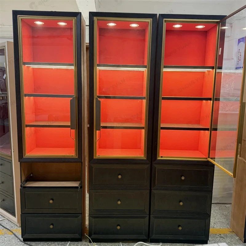 custom.Luxury Tall Black Wood Gold Frame Red Velvet LED High End Jewelry Display Cases Retail Boutique Shangyuan Factory - view 4