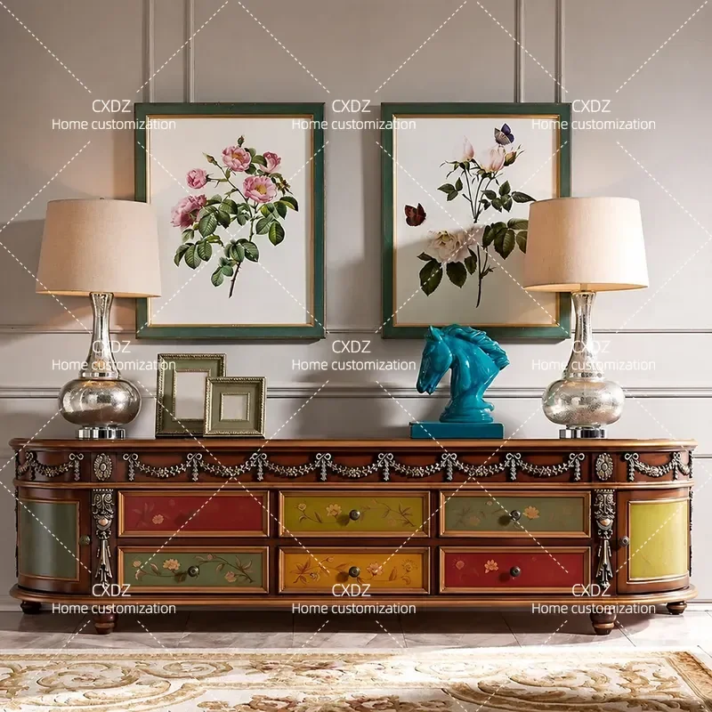 Retro Solid Wood TV Cabinet Carved Coffee Table Video Console Bedroom Floor Storage Unit Living Room Painted Furniture