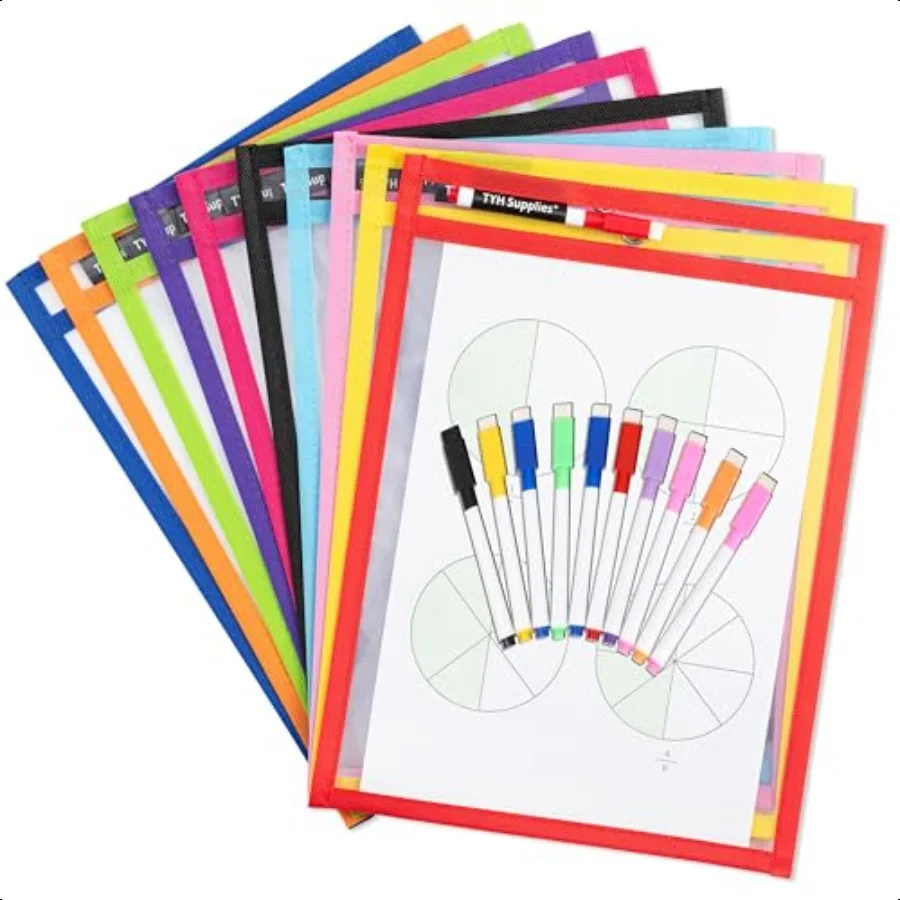 

10 Pack Heavy Duty Dry Erase Pocket Sleeves 10 x 14 Inch Sheets 10 Assorted Colors Ultra Clear Plastic Erasable Pockets
