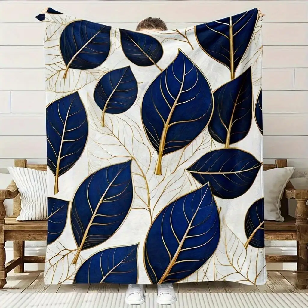 Navy Blue and Gold Leaf Pattern Fleece Blanket Elegant Nature Theme Soft Warm Throw Interior Decoration Bedding Cover for Home