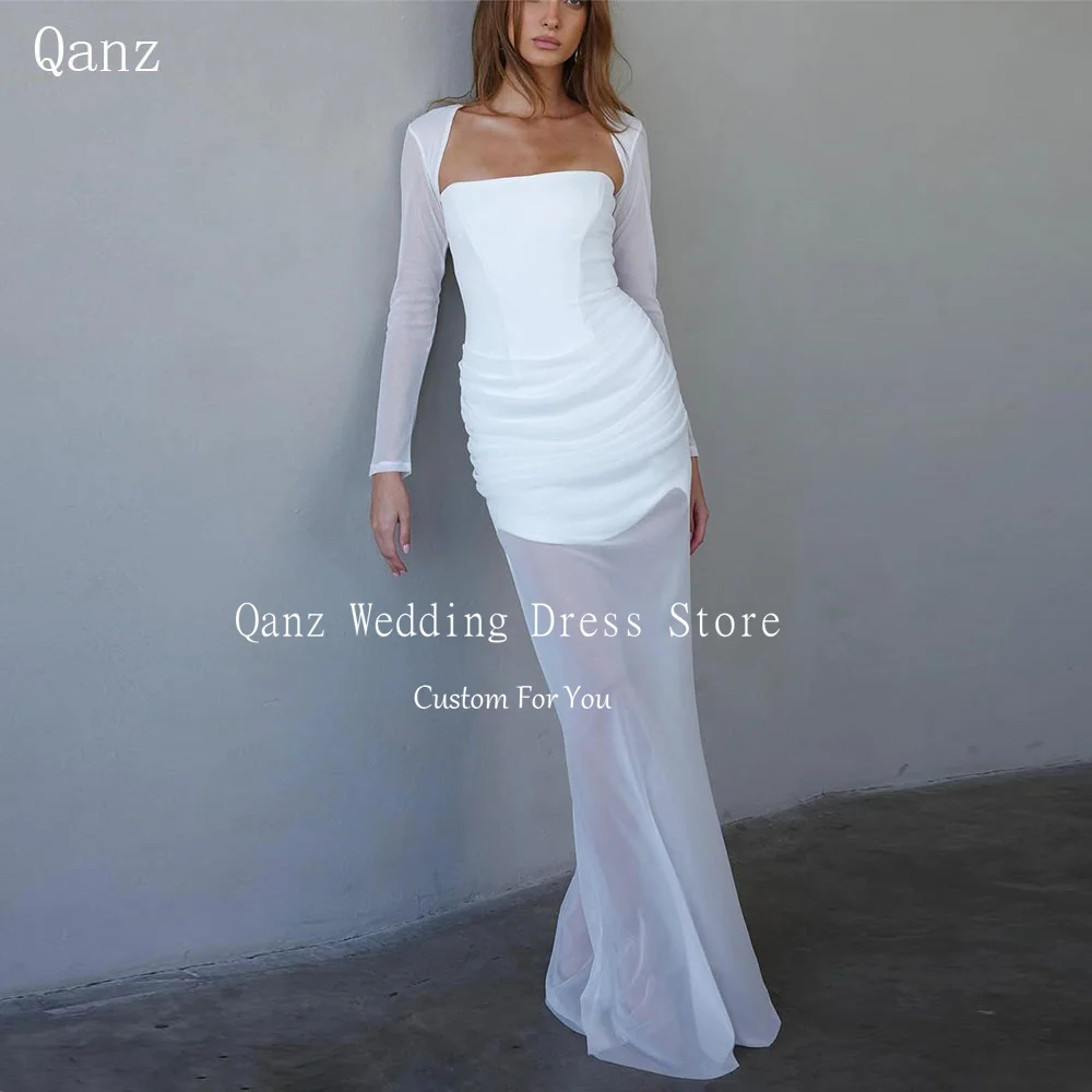 فساتين زفاف نسائية عصرية من Qanz حورية البحر باللون الأبيض الوهم فيستدوس دي نوفيا حورية البحر المدنية بأكمام طويلة رداء دي ماري مخصص #1