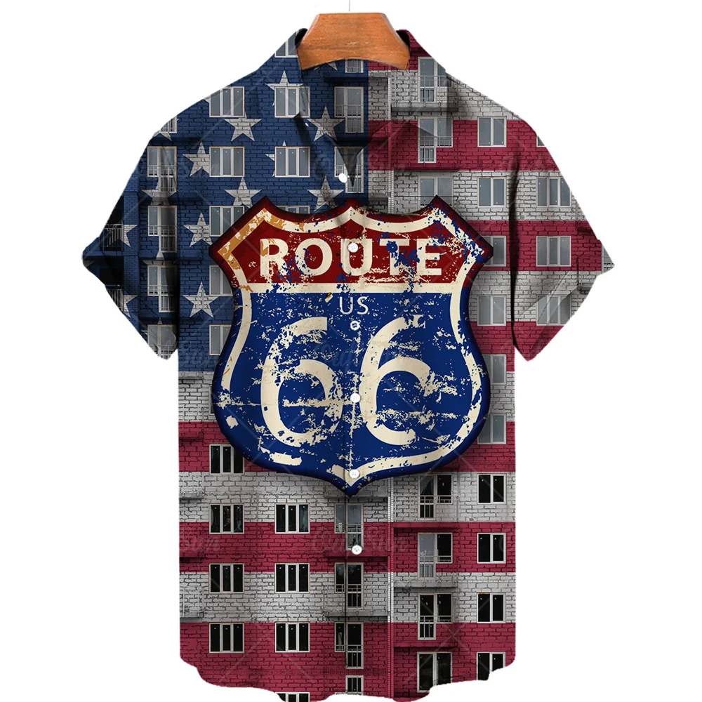 Hawaiian New Men\'s Shirt Route 66 Street Classic 3d Printed Short Sleeve Tee Rock Music Lapel Plus Size Man Top Vintage Clothes