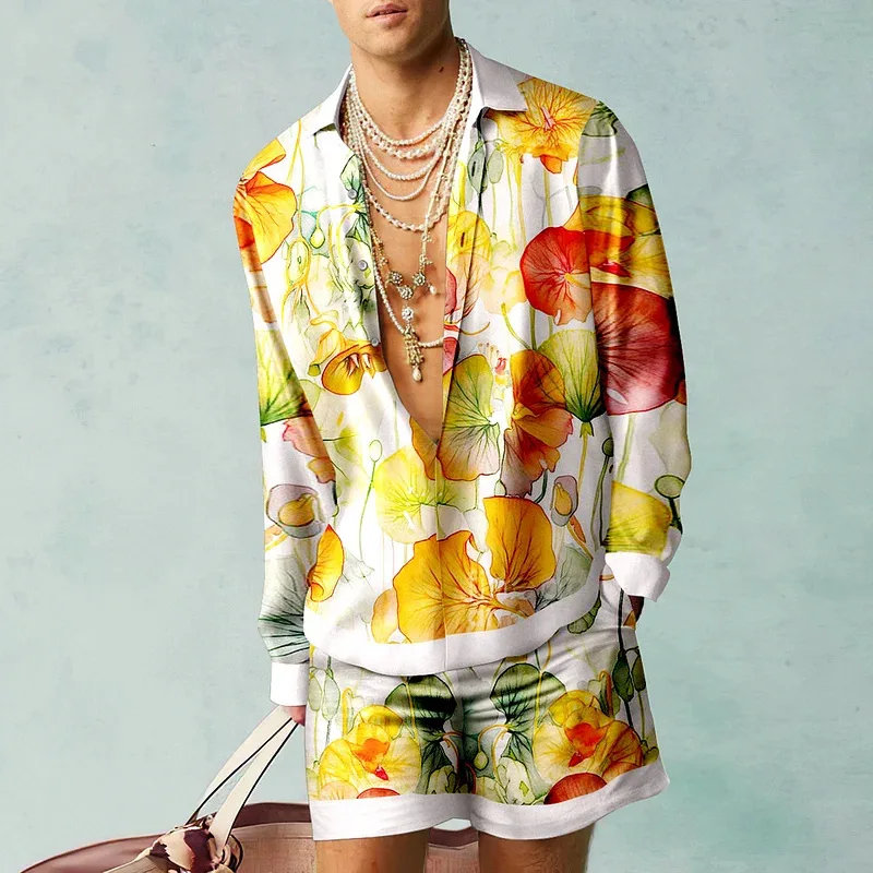 Conjunto de camisa hawaiana con patrón de flores para hombre, Top transpirable de verano, conjunto de dos piezas, camisa de playa, ropa Vintage para