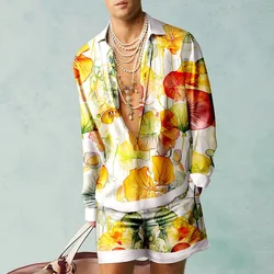 Conjunto de camisa havaiana com padrão floral masculino, top respirável, roupa de praia, vintage, verão