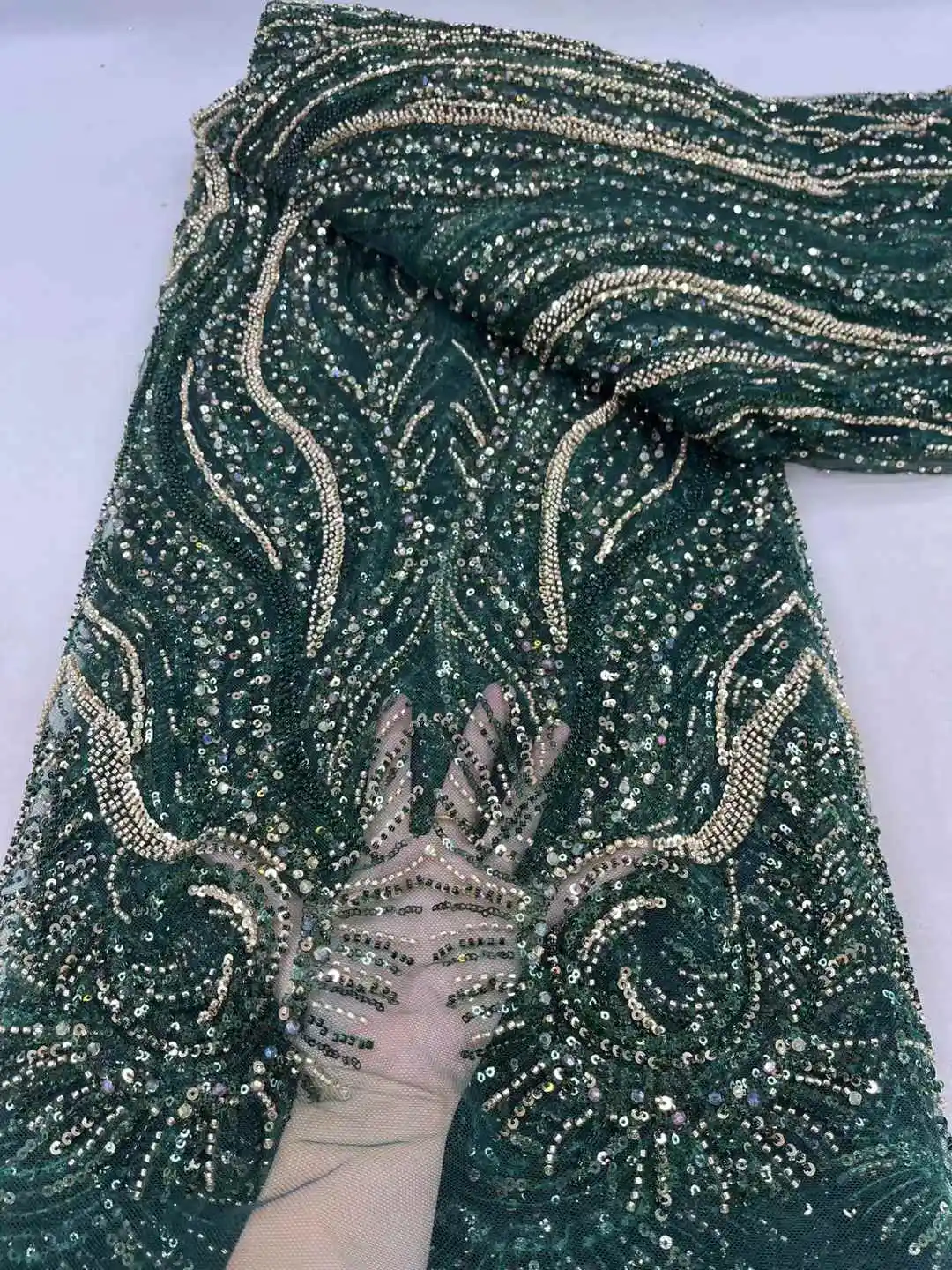 

Green African French Tulle Embroidery Beaded Groom Lace Fabric Nigerian Sequins Lace Fabric For Wedding Party Christmas Dress