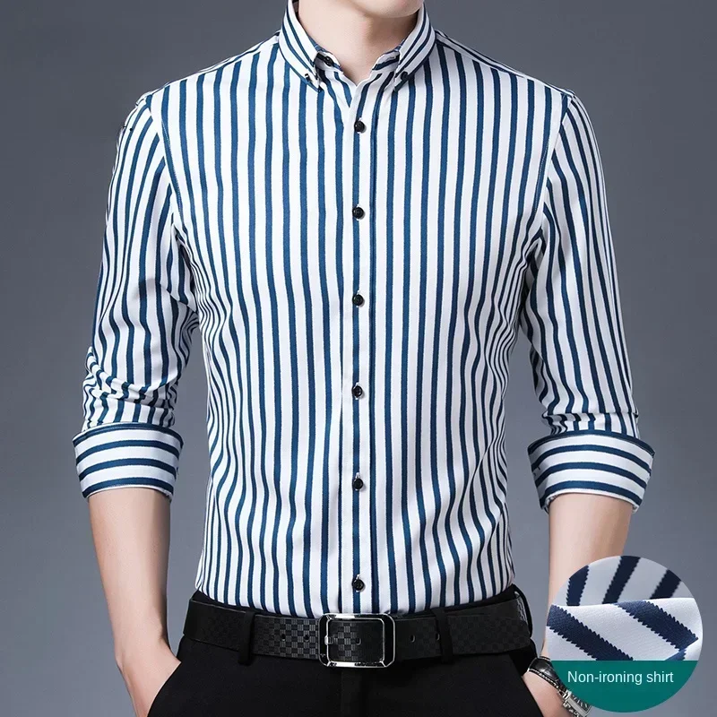 LIBIELIY Men's Striped Long Sleeved Shirt, Middle-aged And Young Business Casual, No Iron Stretch Shirt, Large Men's Clothing