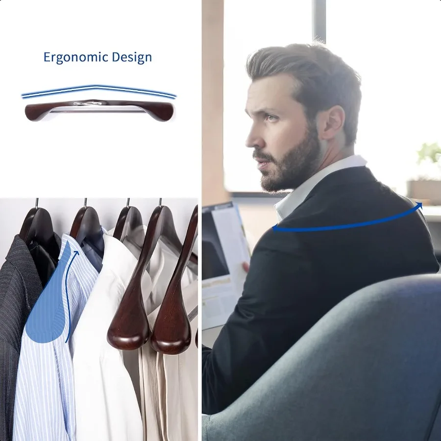 Perchas de madera de caoba de lujo para trajes, paquete de 6 perchas de madera para abrigos, chaqueta, prendas de vestir exteriores, perchas para camisas, acabado brillante con hombro extra ancho