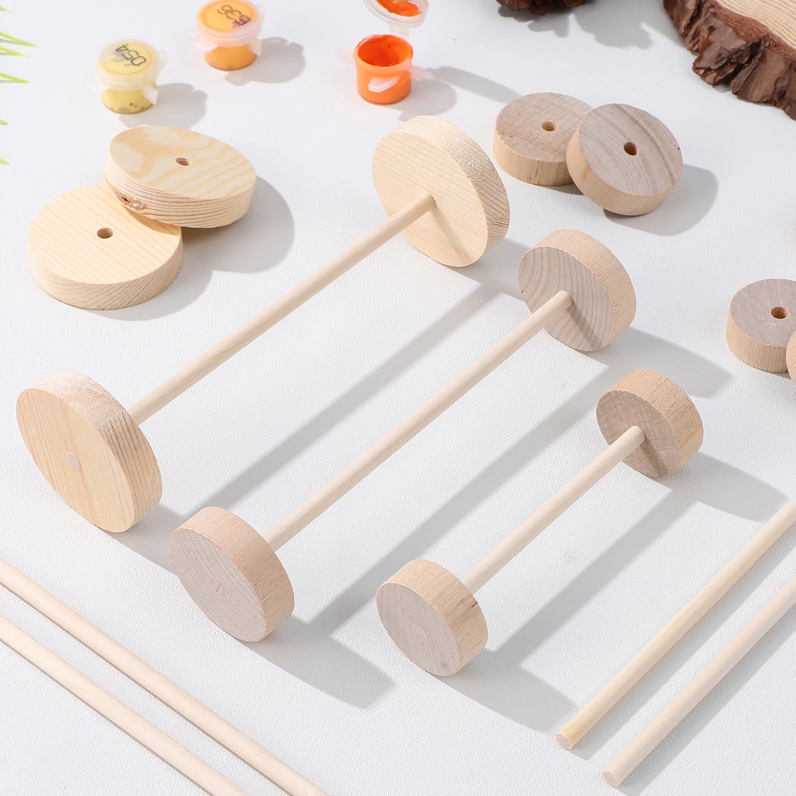 

1 set Wooden Wheel Set 28mm 35mm 45mm Unpainted Wheels 16x150mm 8x100mm Sticks DIY Craft Building Blocks Accessories Gift Idea