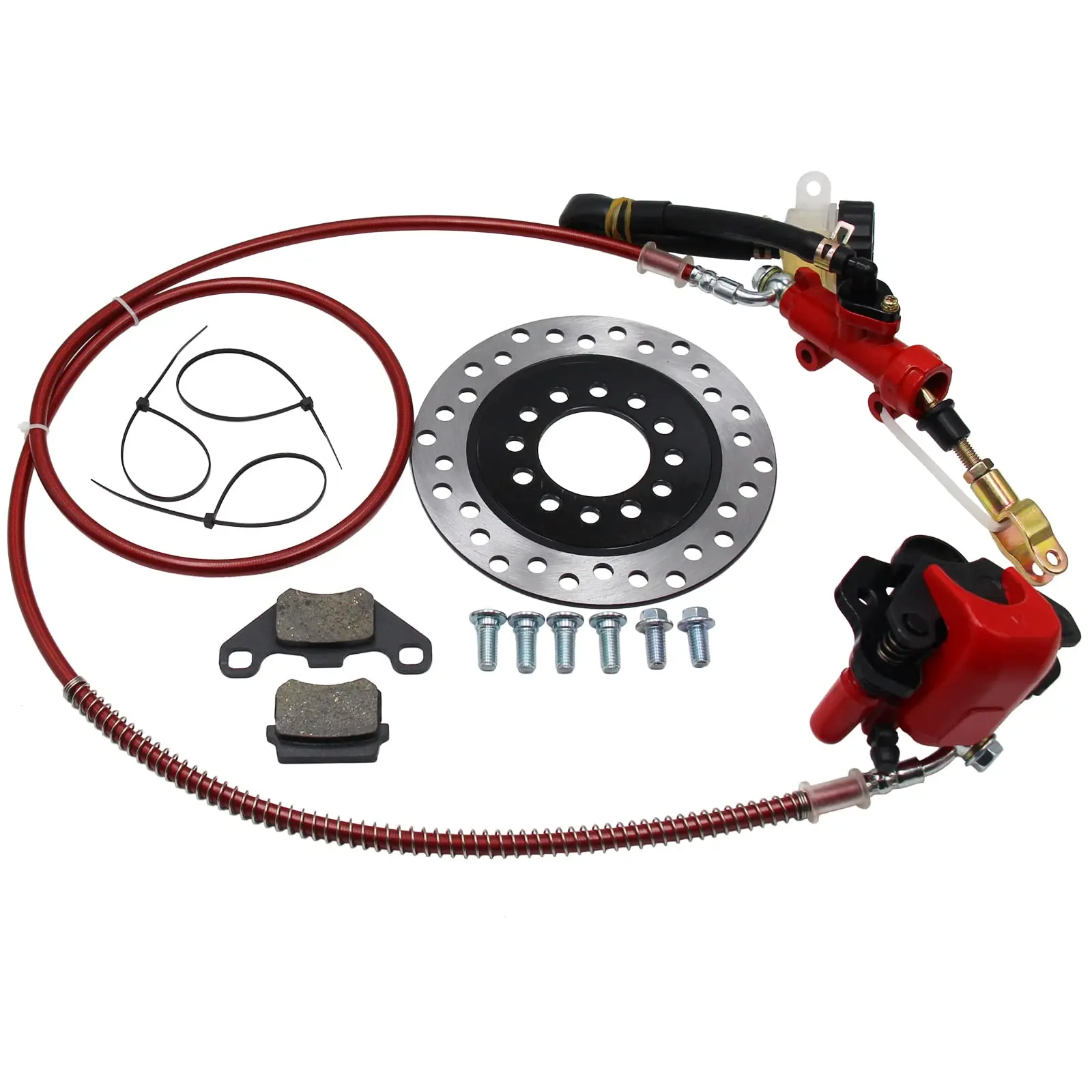 

Red Hydraulic Rear Disc Brake Kit With Caliper, Rotor, Pads And Lines For 150cc 200cc 250cc Dirt Bikes, Quads, ATVs, Go Karts