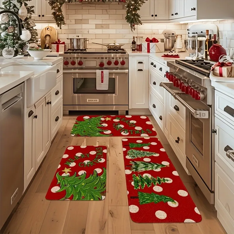 VIKAMA Set Christmas Kitchen Floor Mats Non Slip Washable Polka Dot Xmas Tree Runner Rug for Family Xmas Holiday Decor