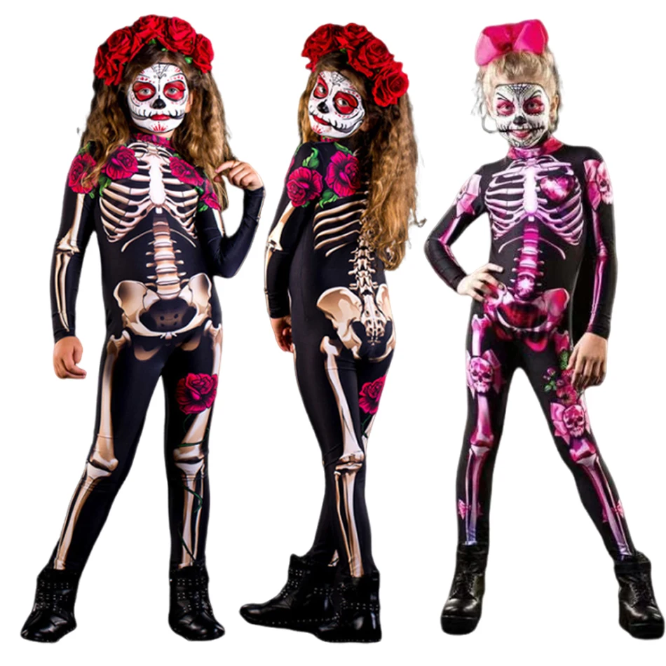 

2024 Scary Skeleton Girl Halloween Cosplay Rose Sexy Devil Jumpsuit Carnival Scary Children Costume Day Of The Dead Clothes