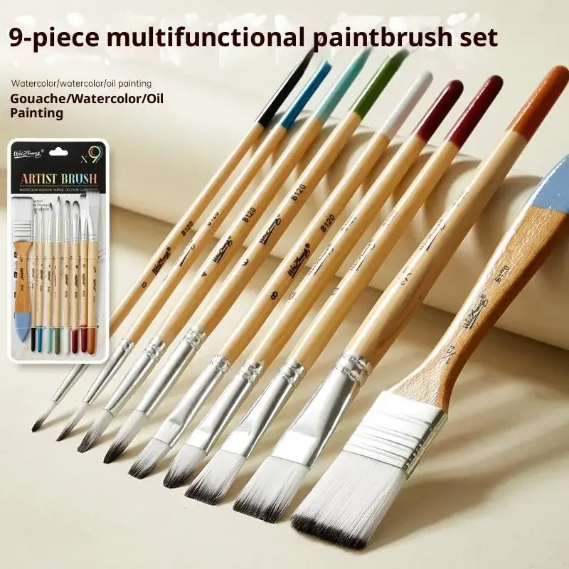 Juego de pinceles para principiantes, pelo de nailon para lienzo, acuarela, pintura al óleo acrílica, herramientas de pintura artística, suministros de arte, 9 Uds.