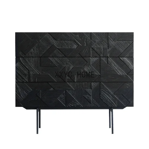 

Mid-Ancient Industrial Style Solid Wood Three-Drawer Locker Nordic Vintage Engraving Dining Side Entrance Cabinet