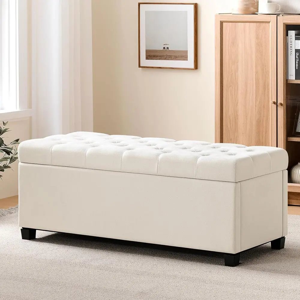 

47.2" Ottoman with Storage, Storage Ottoman Bench with Safety Hinge,Tufted End of Bed Bench, (Ivory-Upgraded Version)