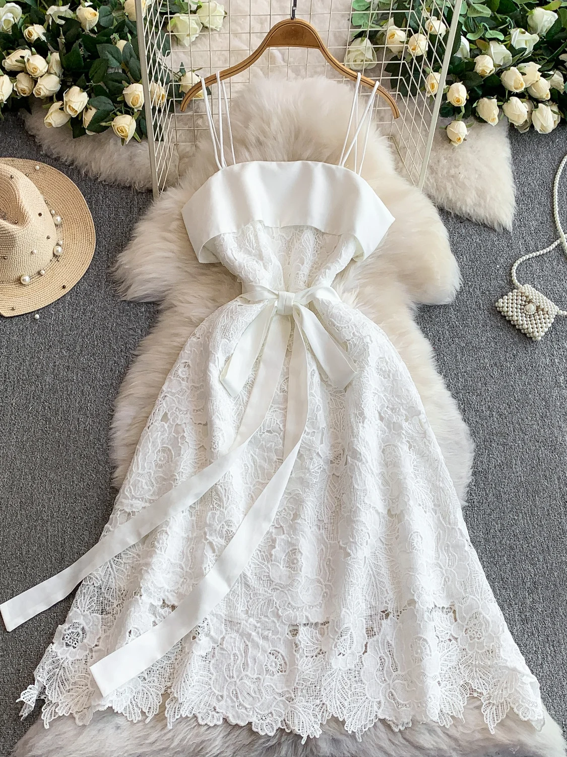 エレヘビーウェイト水溶性レースパッチワークシルクサテンストラップガウンレディースベルト付きウエストスリムロングドレス