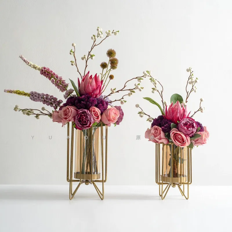 WW Modern Light Luxury Simulation Flower Art Ornament Metal Vase Flower Arrangement Restaurant High-end Flower Arrangement