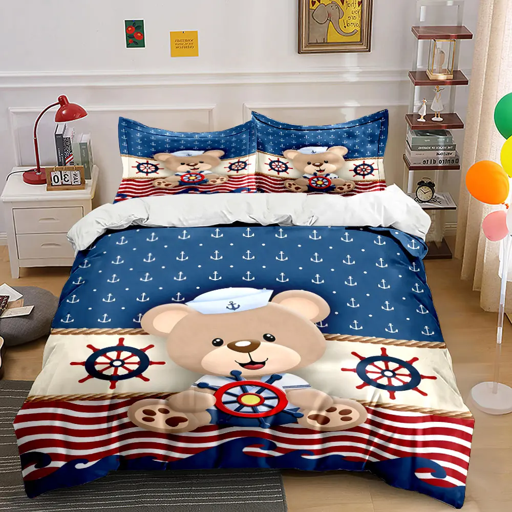 Marine-Themed Sailor Teddy Bear Printed Duvet Cover Set1 Duvet Cover+2 PillowcaseMulti Size Bedroom Bedding Decor Luxury Gift