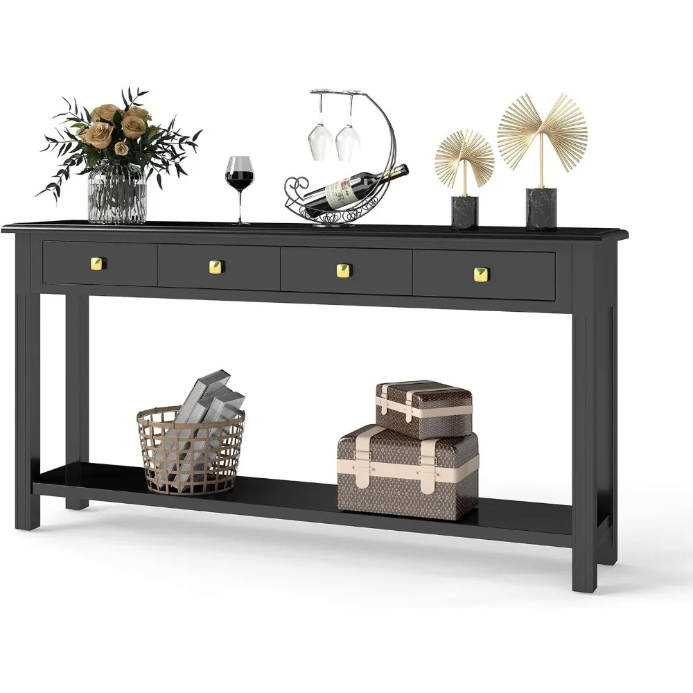 

Black Long Entryway Table Narrow Console Table and Open Storage Shelf, Sofa Furniture Behind Couch for Living Room Hallway