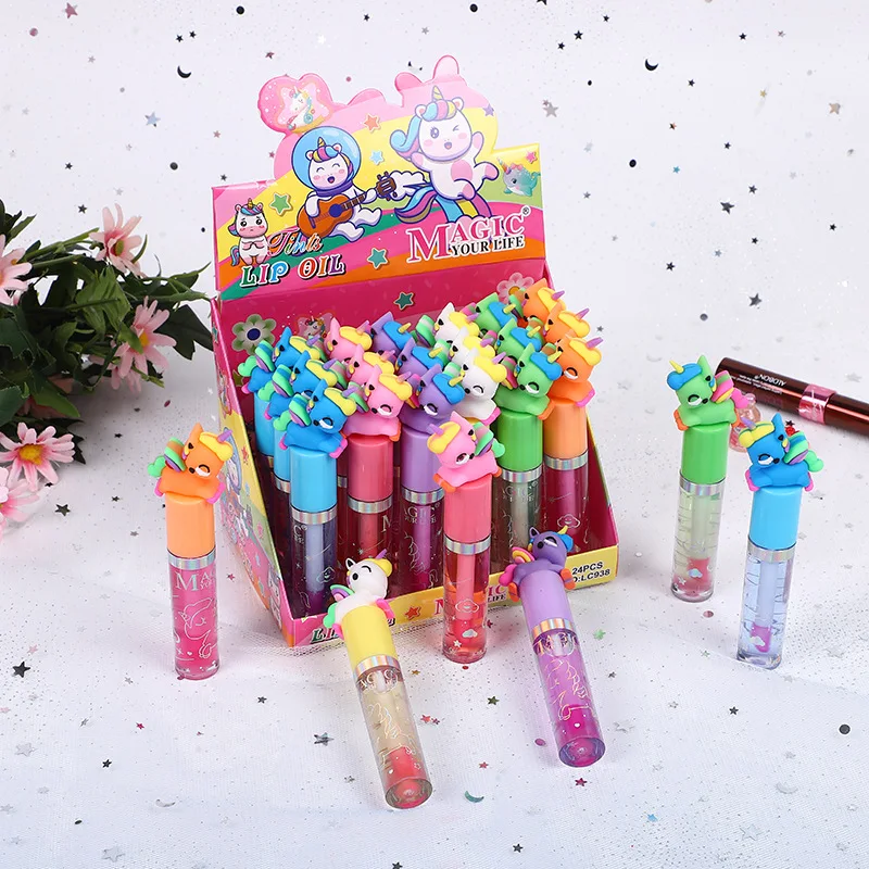 24pcs Kawaii Unicorn Lip Gloss Color Change Vitamin E Moisturizing Long Lasting Lip Oil Students Girls Lips Makeup Wholesale