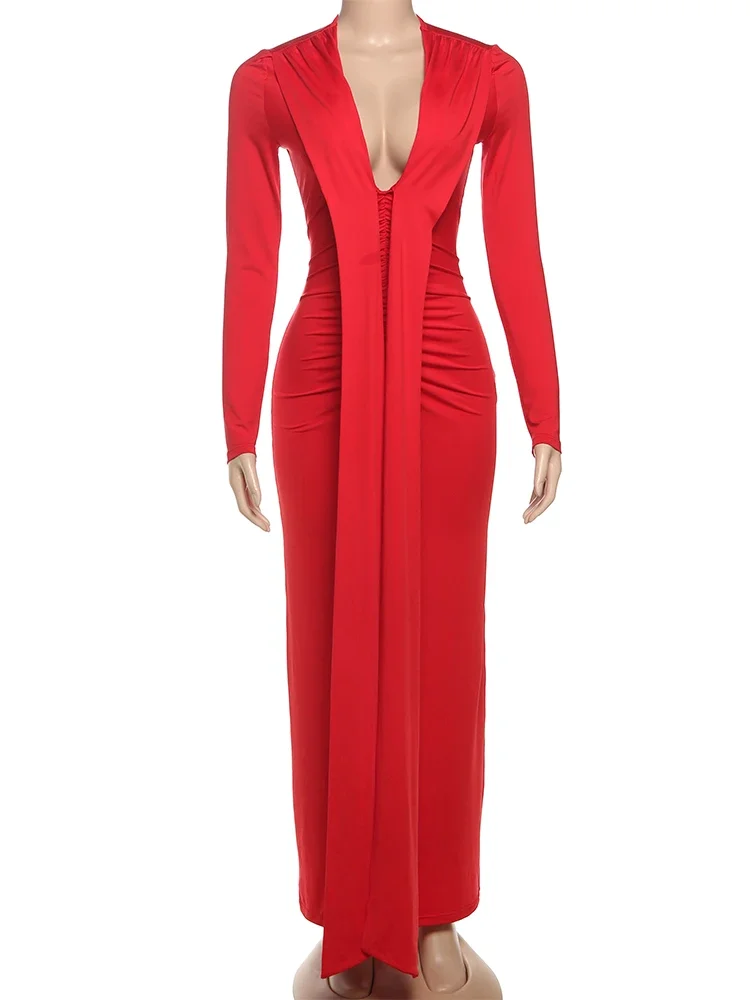 Chaxiaoa Sexy Women Maxi Dress Simple Long Sleeve Deep V-Neck Super Ribbon Ruched Stretchy Elegant Skinny Peach Hip Bodycon