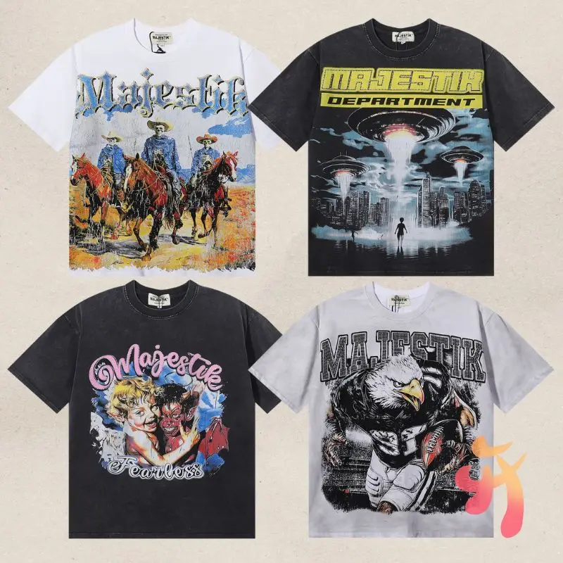 

26ss Stock Vinatge Hiphop Streetwear MAJESTIK Tshirts Men Women Cotton Tops Graffiti Tie Dye Print Skull Round Neck Short Sleeve