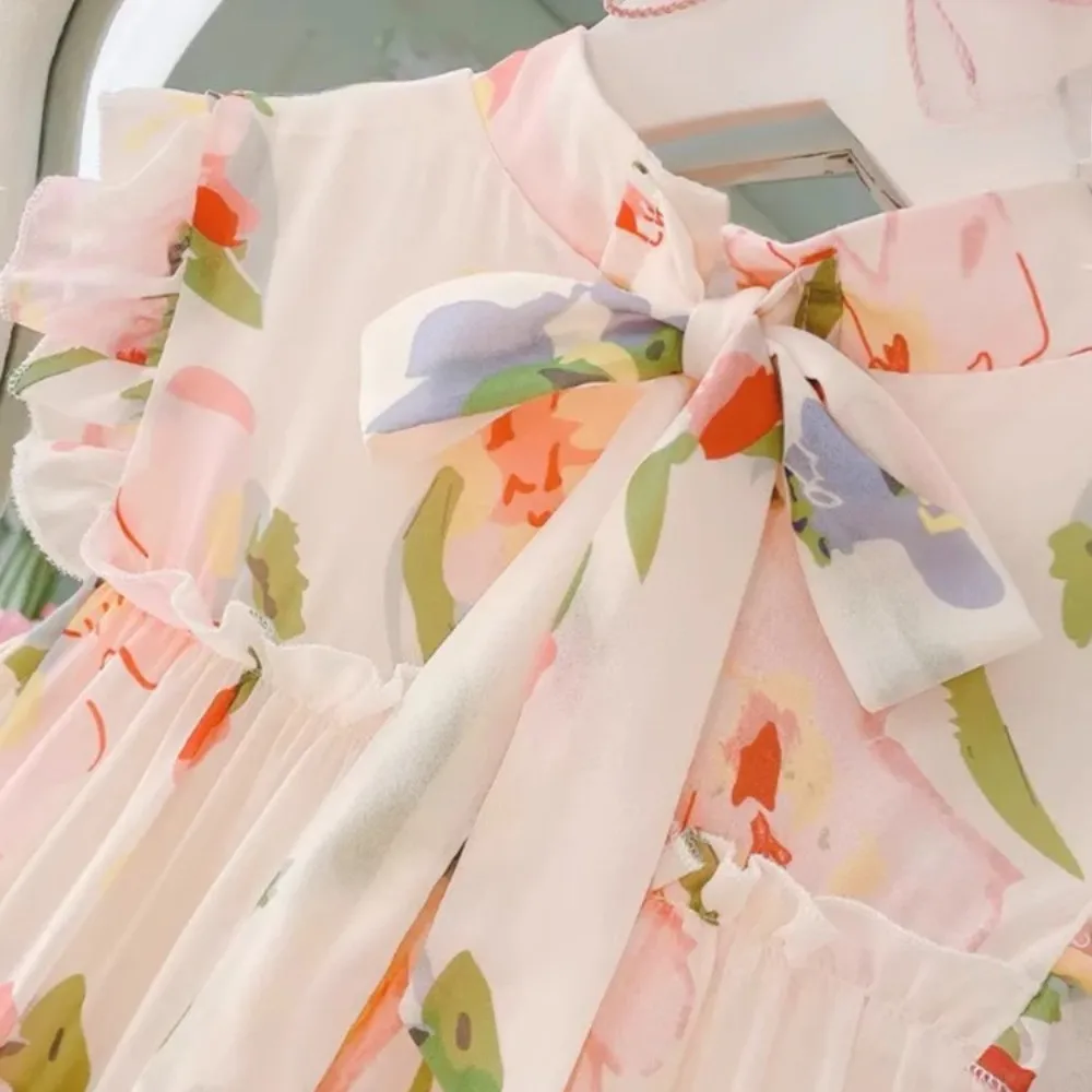 Versión coreana moda 4-13Y niña flor impresa princesa pastel vestido verano sin mangas gasa adolescentes playa vacaciones ropa