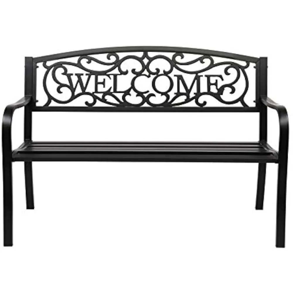 

Outdoor Bench with PVC Back Pattern, Metal Garden Bench Black Steel Welcome Bench for Patio, Porch, Deck, Yard, Lawn Deco