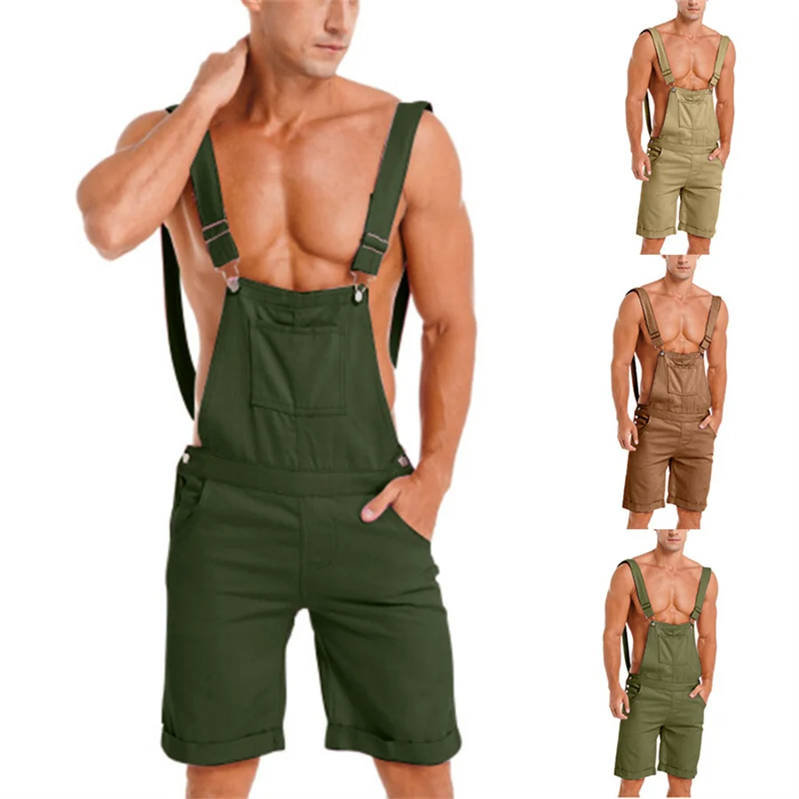 

2025 New Men's Vintage Overalls Jumpsuit Cargo Work Short Pants Summer Loose Casual Romper Men Trousers Streetwear Green Shorts