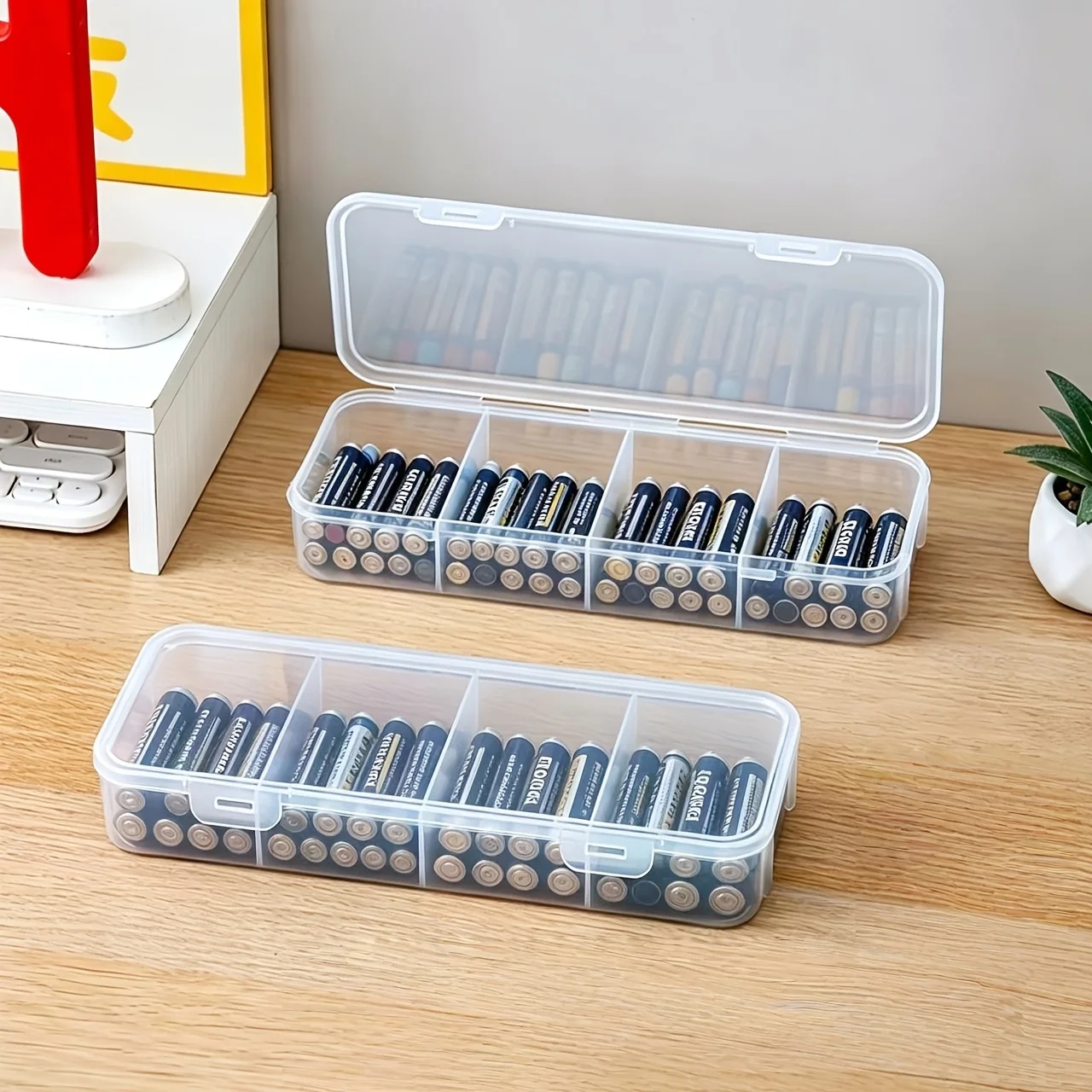 Battery Storage Box Organizer with Lid 4 Compartments Transparent Multifunctional Case for Data Cable Batteries Home
