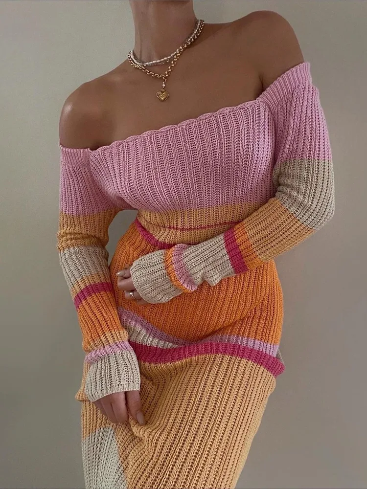 

hirigin Y2K Vintage Striped Knitted Long Dress Leisure Style Off Shoulder Long Sleeve Bodycon Maxi Dress Chic Women Clothes