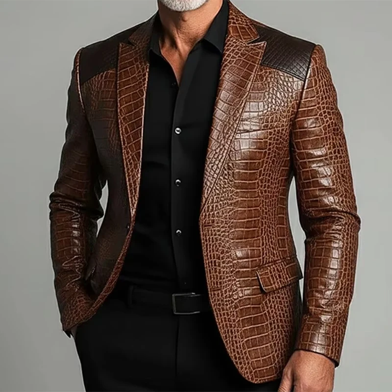 Men’s Crocodile Texture Suit Blazer Faux Leather Luxury Business Jacket With Pockets Elegant Single-breasted Formal Male Jacket