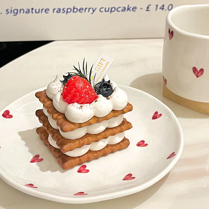 Cute Little Red Flower Cake Ceramic Cup and Plate, Hand Painted Under Glaze, Office Ball Handle, Love Coffee Cup