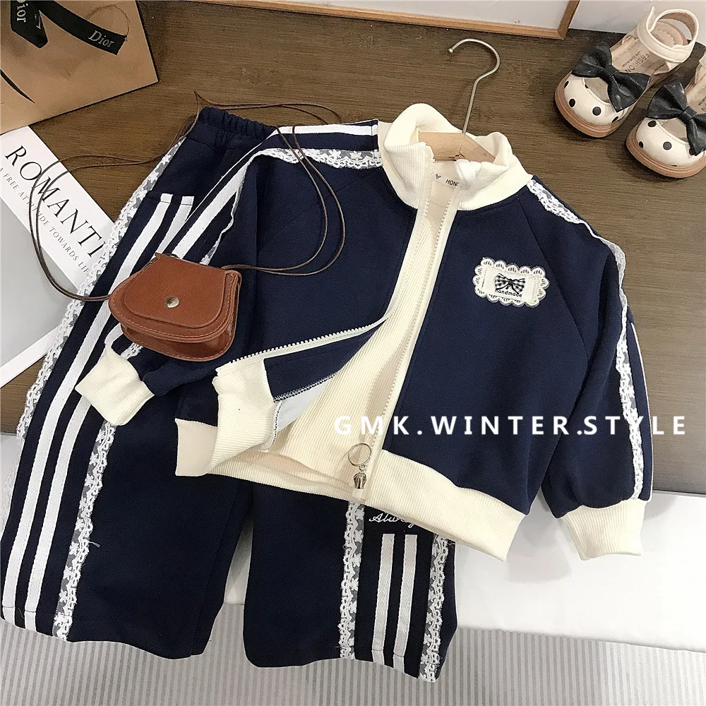

Girls 2 Piece Set 2025 Spring Autumn New Childrens Sweet Lace Solid Color Fashionable Sportswear Casual Hoodie Set