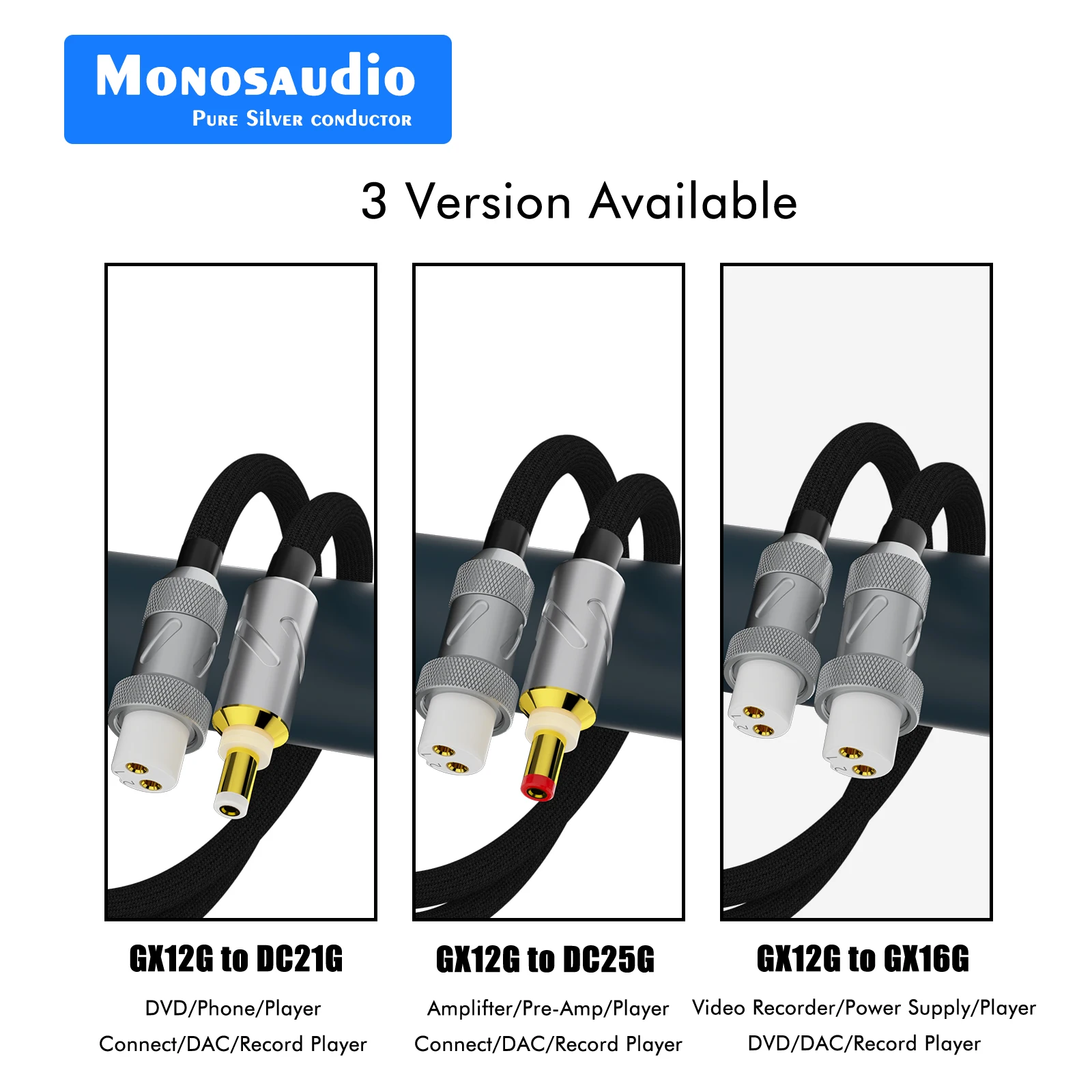 Monosaudio Reines Silber GX12 GX16 2-Pin auf DC2.1 DC2.5MM Phono-Verstärkerkabel AC/DC 5.5*2.1mm Lineares Stromversorgungskabel – Detail 1