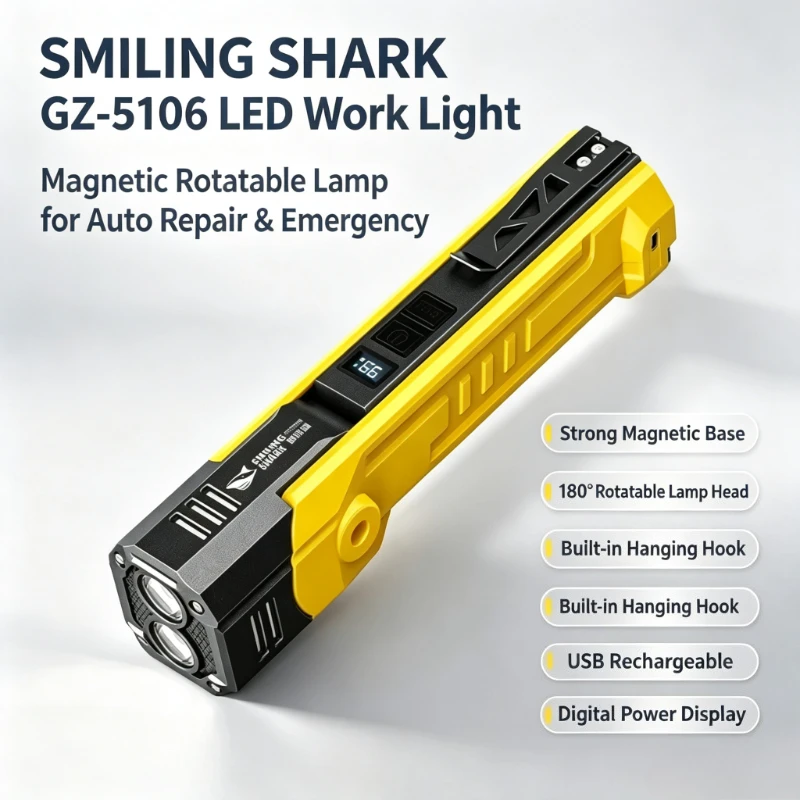 SMILING SHARK GZ‑5106 Rechargeable Magnetic LED Work Light Rotatable Head Hanging Hook for Car Repair Workshop Emergency
