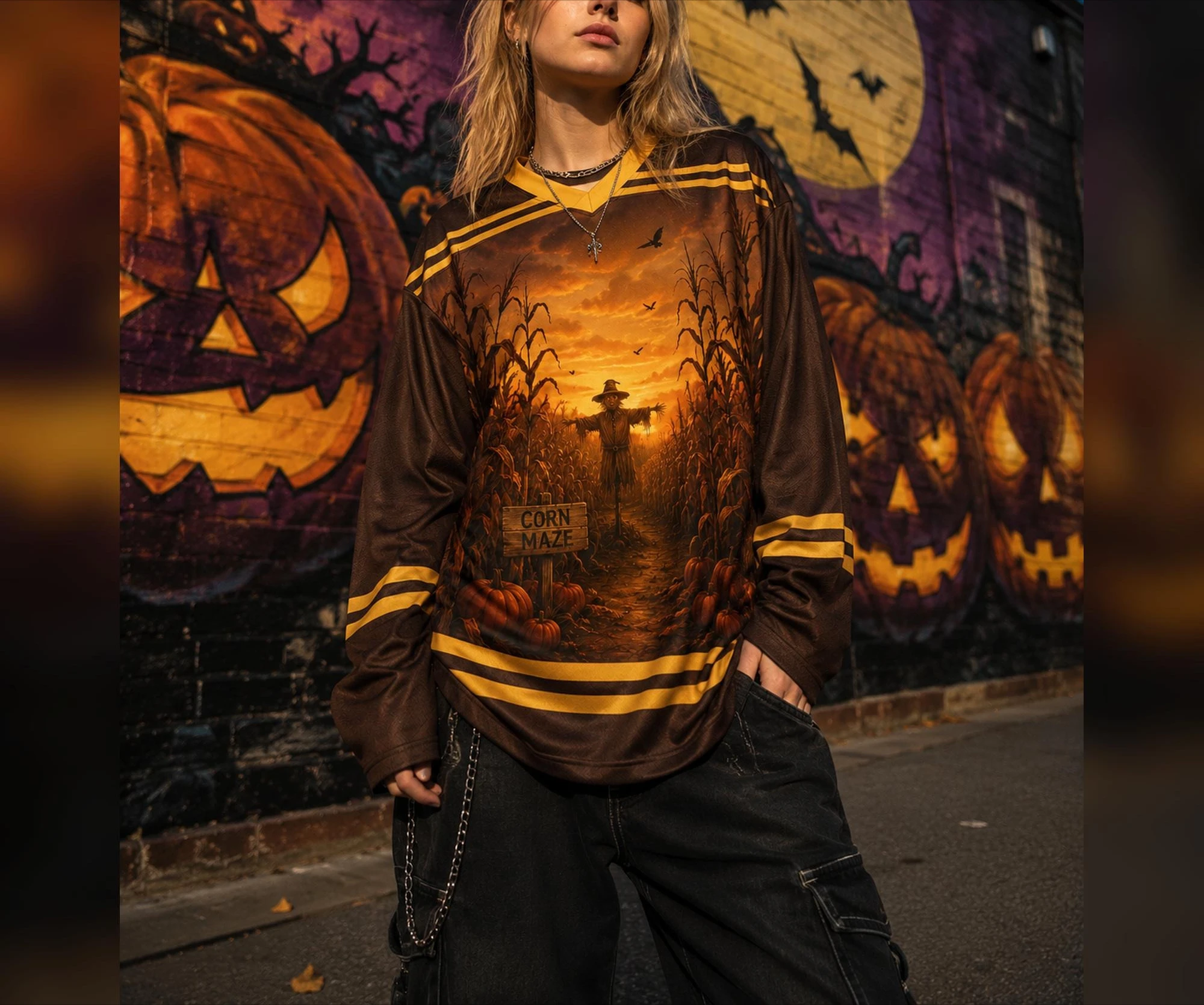 CORN MAZE Scarecrow Graphic Hockey Jersey 3D Print V Neck Oversized Long Sleeve Autumn Festival Streetwear Tops Family Matching