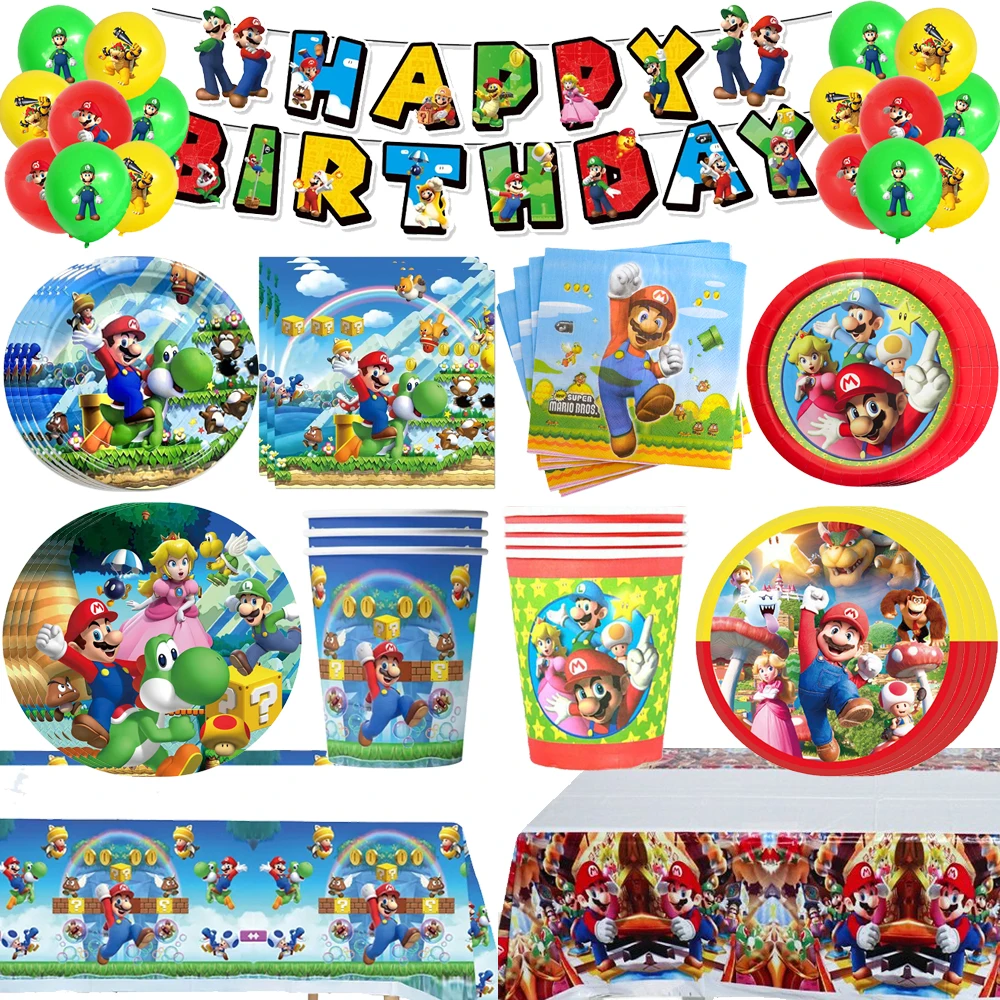 Décorations de fête d'anniversaire sur le thème des jeux de dessins animés, ballons mignons, assiettes, bannière, ensemble de vaisselle pour fête de naissance, cadeaux pour enfants
