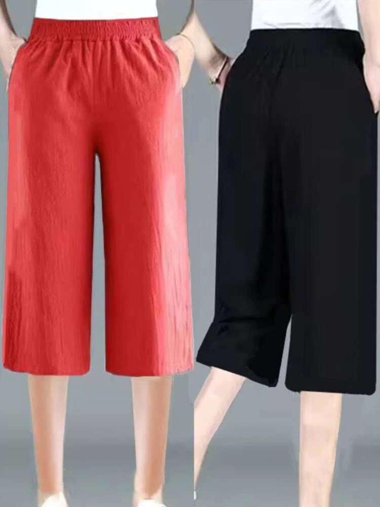 Baumwollhose mit weitem Bein für Damen, Sommer, lockere Passform, leichte elastische Taille, vielseitige Freizeithose, hohe Taille, sieben Fuß lange Länge