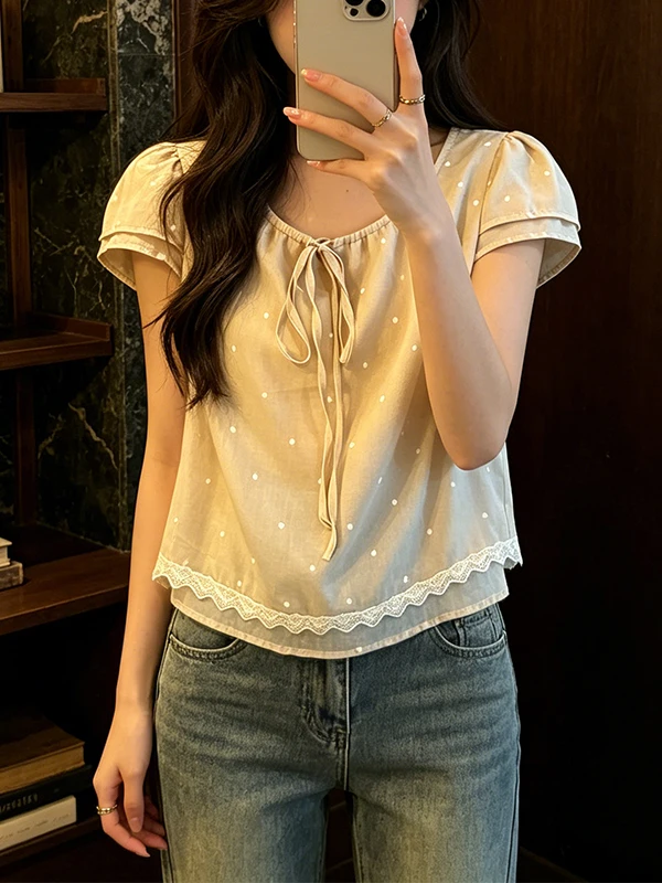

Large Size Lace Trim Splice Embroidery Shirt Women's Summer New Sweet Design Sense Bow Tie Fly Sleeve Top Korean Style