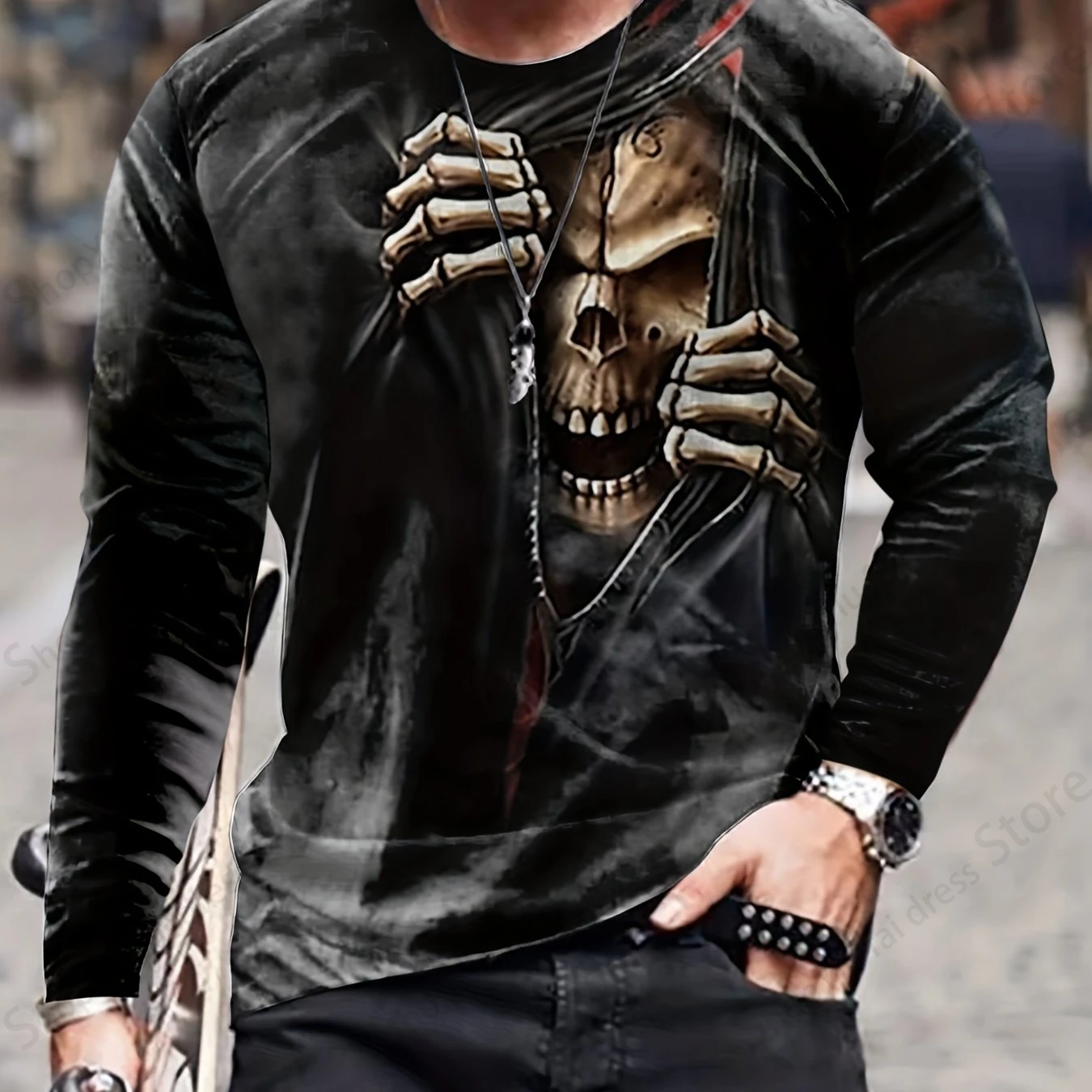 Halloween Men\'s Long Sleeve T-shirt 3d Skull Skeleton Print Graphic T Shirts Men Fashion Hip Hop Tops Tees Men\'s Clothing Horror