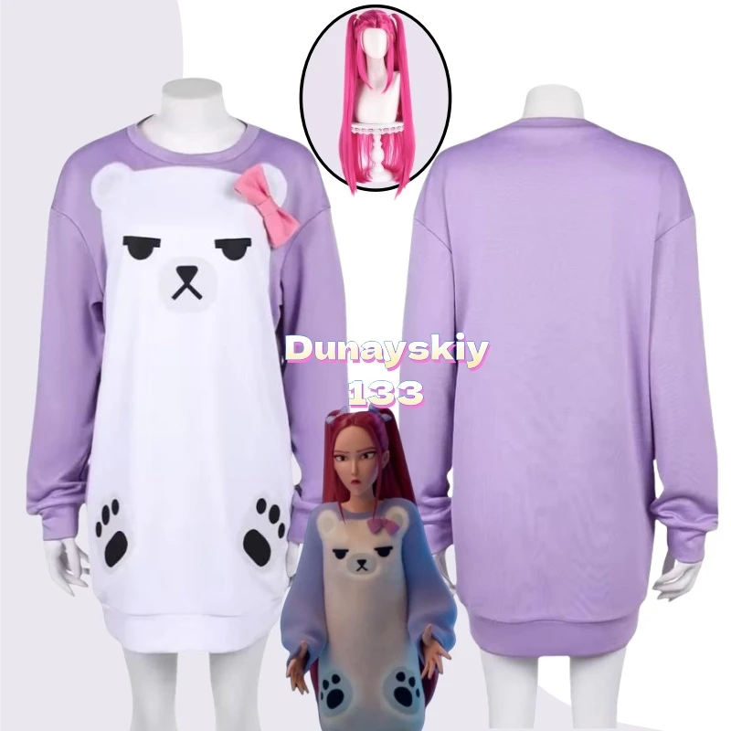 

Huntrix Mira KPop Demon Hunters Косплей Костюм Парик Фиолетовый Медведь Пижама Толстовка Головные Уборы Женщины Девушки Хэллоуин Вечеринка Cos