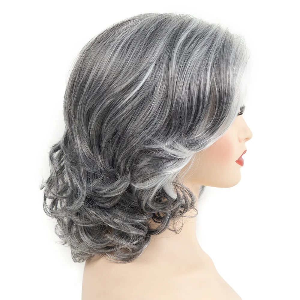 Women\'s Fashion Wigs Grey Big Curly Wigs Natural Loose Wave Short Synthetic Bob Hair Cosplay Party Silver White Mommy Wigs