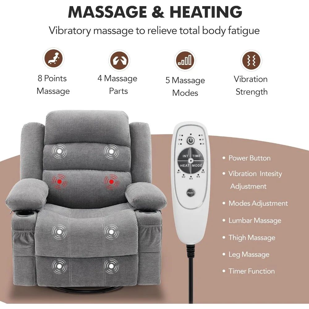 Rocker Recliner Chair with Heat and Massage, 360° Swivel Recliner Chairs for Adults, Oversized Recliner Single Sofa Seat with Cu image 4