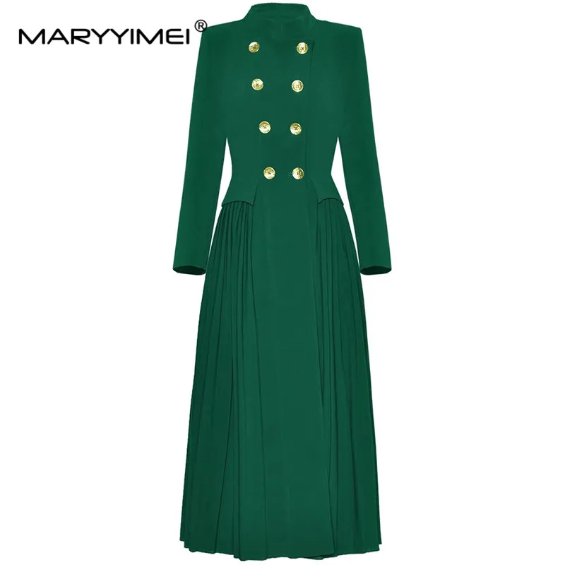 

MARYYIMEI New Fashion Women's Standing Collar Long Sleeve Double Breasted Pleated Waist In Splicing Trench Coat Dress