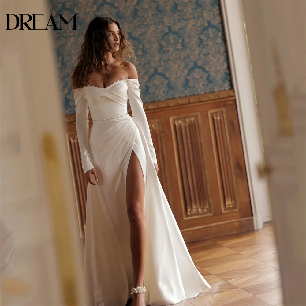 

Sexy Pearls Long Sleeves Wedding Dress V-Neck Split Slit Pleat Open Back Off The Shouder Bridal Gown Vestido De Novia Customized