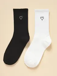 2 Pairs Middle Tube Socks Black and White Socks Set Heart Pattern For Women Fashion Style Casual Comfortable For Famle